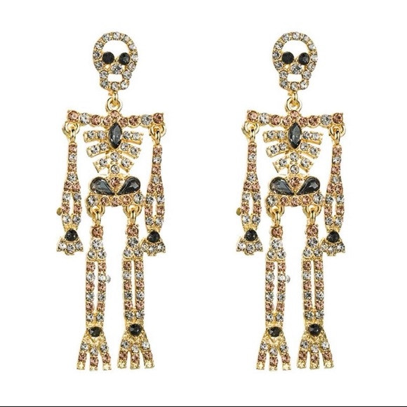 Rhinestone Skeleton Silver Long Halloween Earrings Halloween Spooky Crystal - Picture 3 of 3